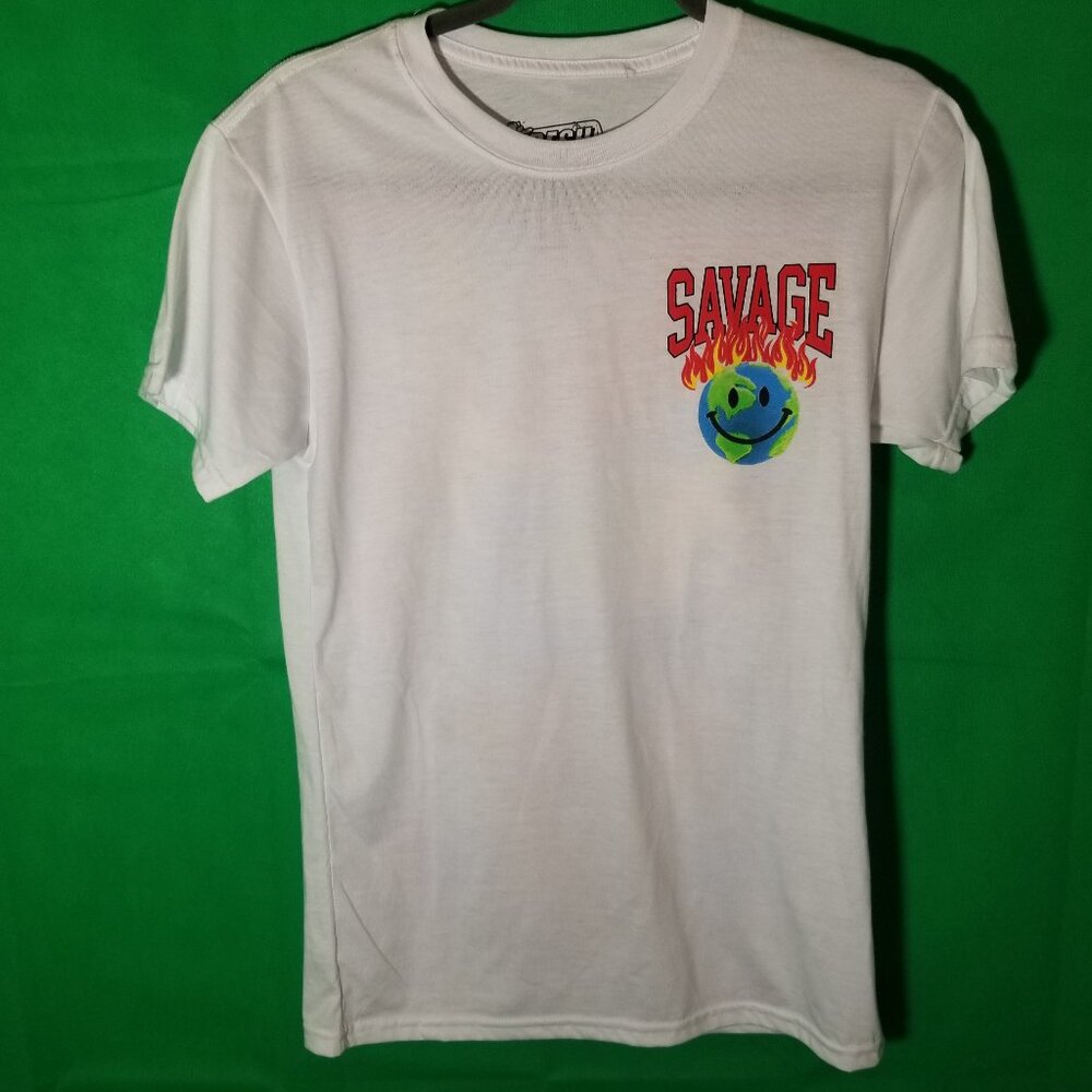 Fresh Laundry Men Small Pitbull Graphic White Savage Earth Fire Shirt Streetwear